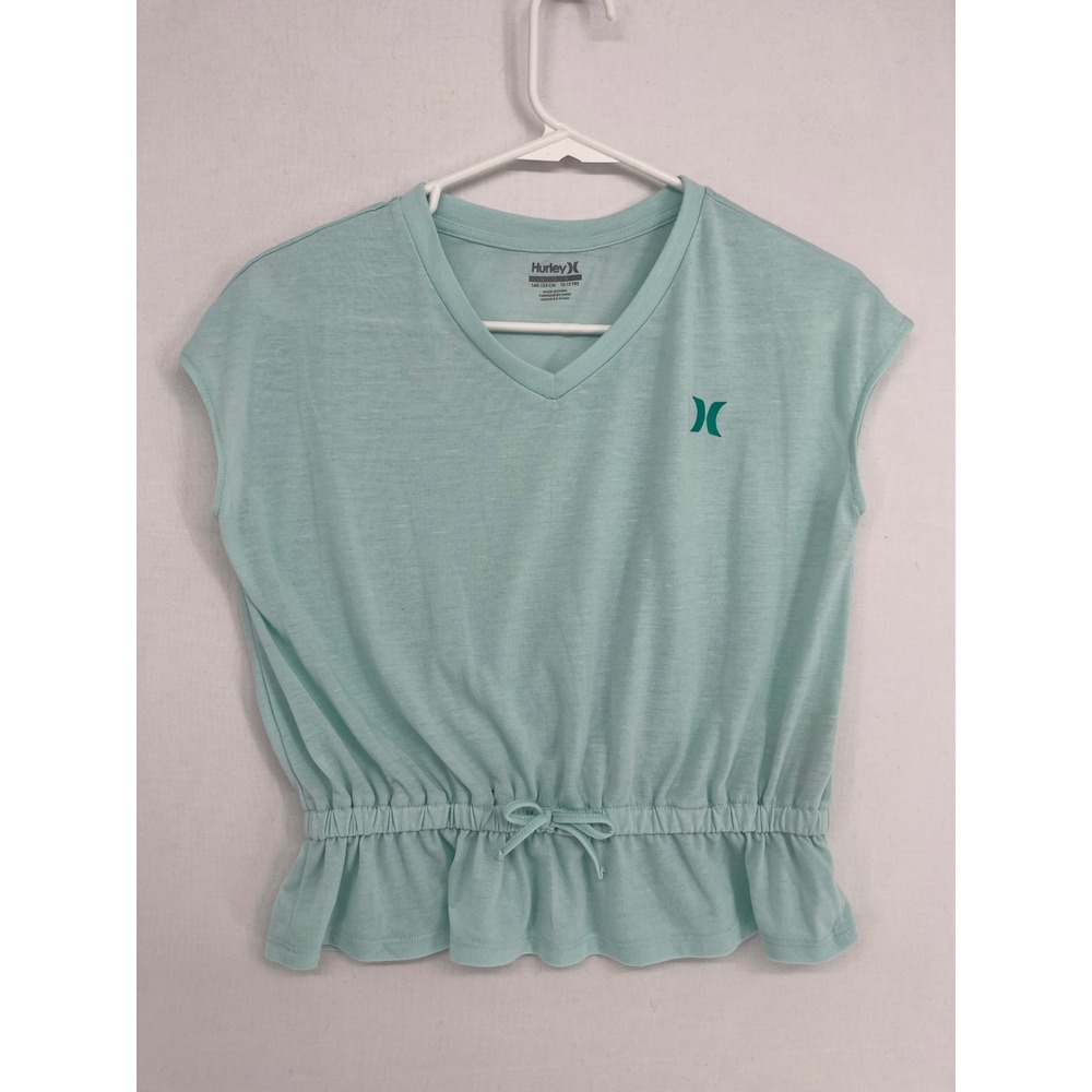 Hurley Girls Top Size Large 12-13 Aqua Blue V-Neck Cinched Ruffle Waist Shirt